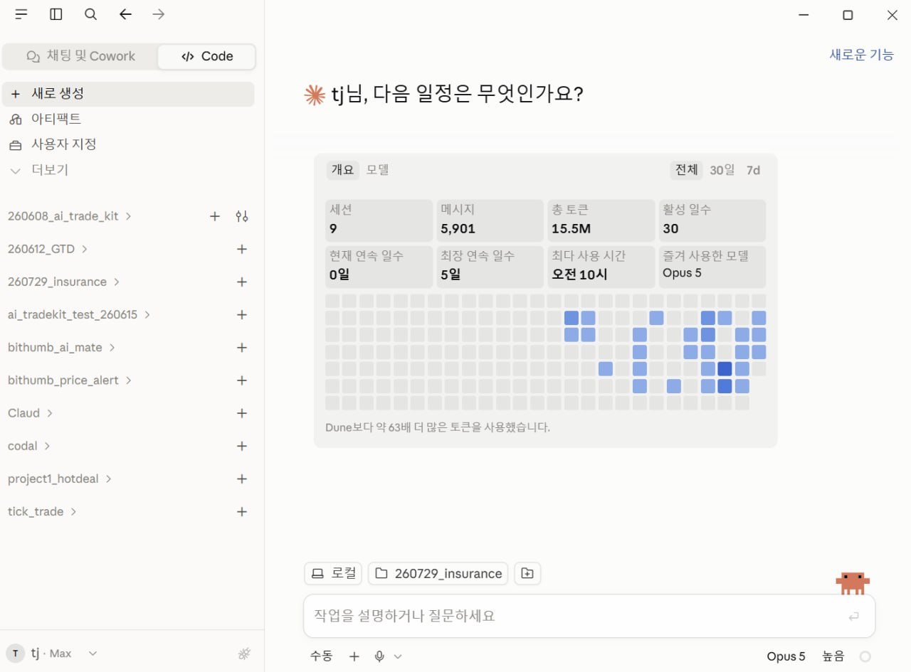 클로드코드 데스크톱 앱 프로젝트 관리와 사용량 대시보드 화면