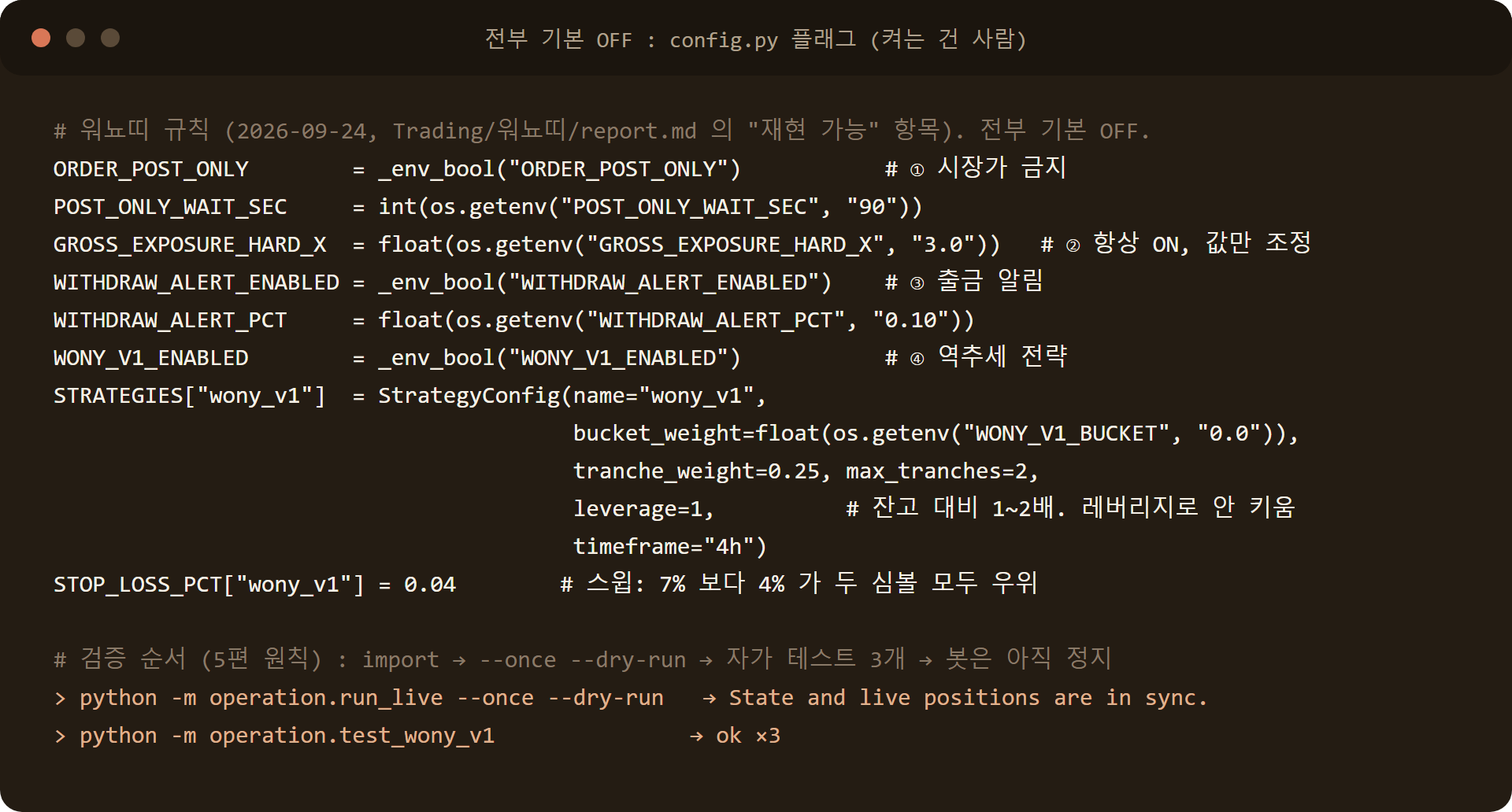 config.py 플래그 코드: 네 규칙 모두 환경변수로 켜고 기본값은 OFF, 검증 순서