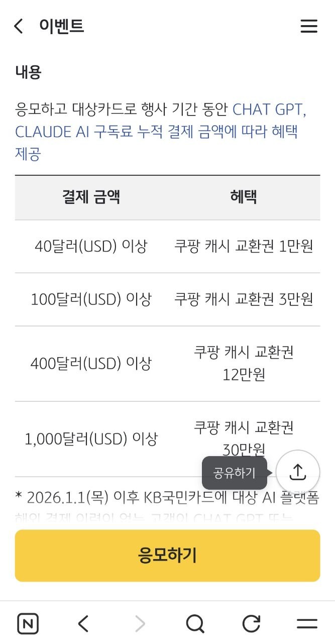 KB Pay 앱 국민카드 비자 AI 구독 이벤트 페이지 캡처: 챗GPT 클로드 누적 결제 40달러 1만원부터 1,000달러 30만원까지 쿠팡캐시 교환권