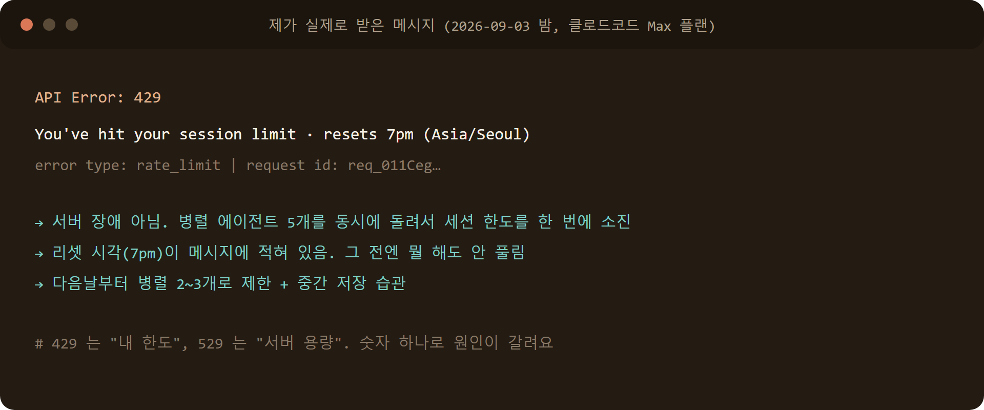 클로드코드 429 세션 한도 오류 메시지 You've hit your session limit 실제 화면