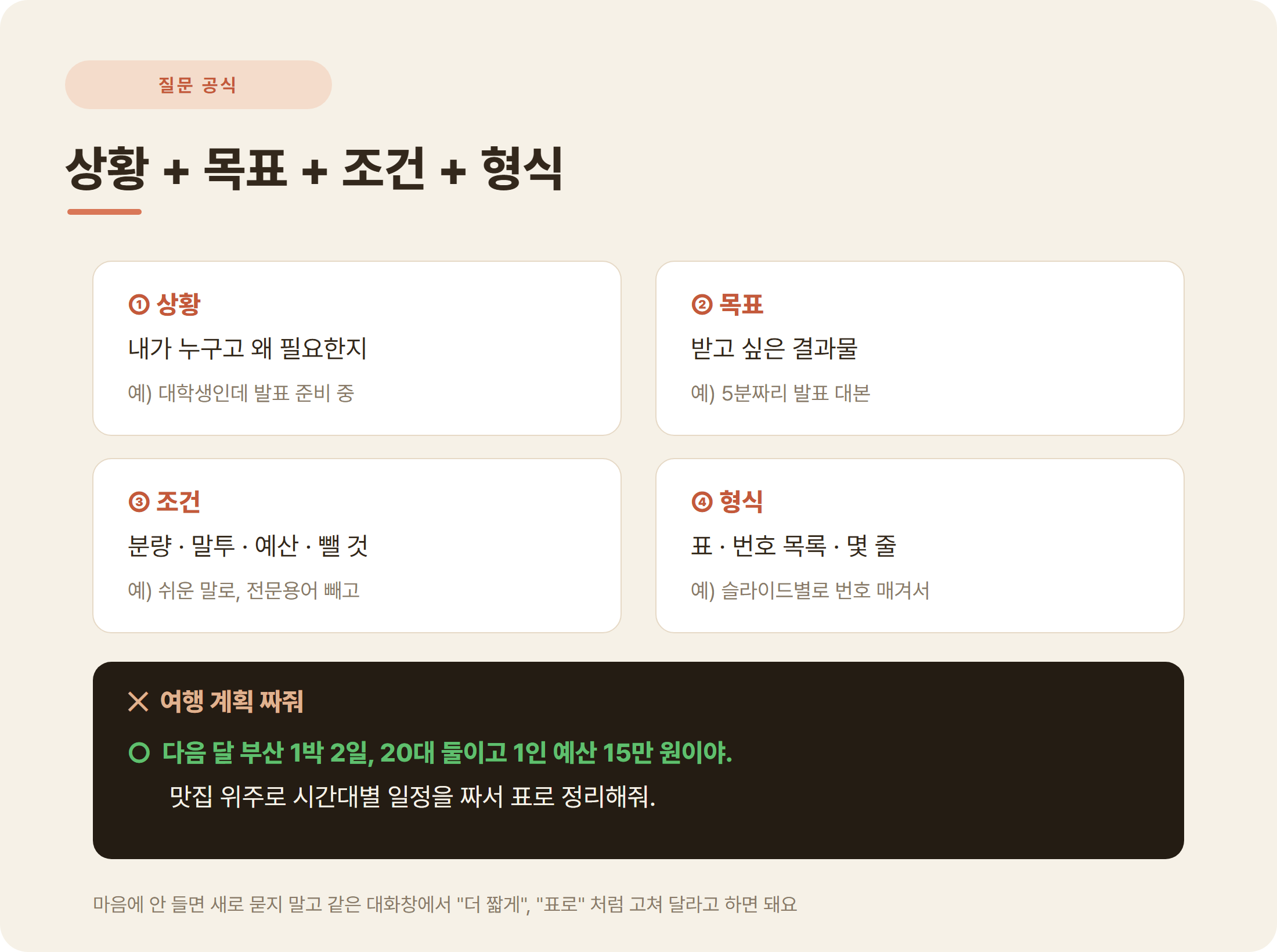 AI 질문 잘하는 법 프롬프트 공식 상황 목표 조건 형식