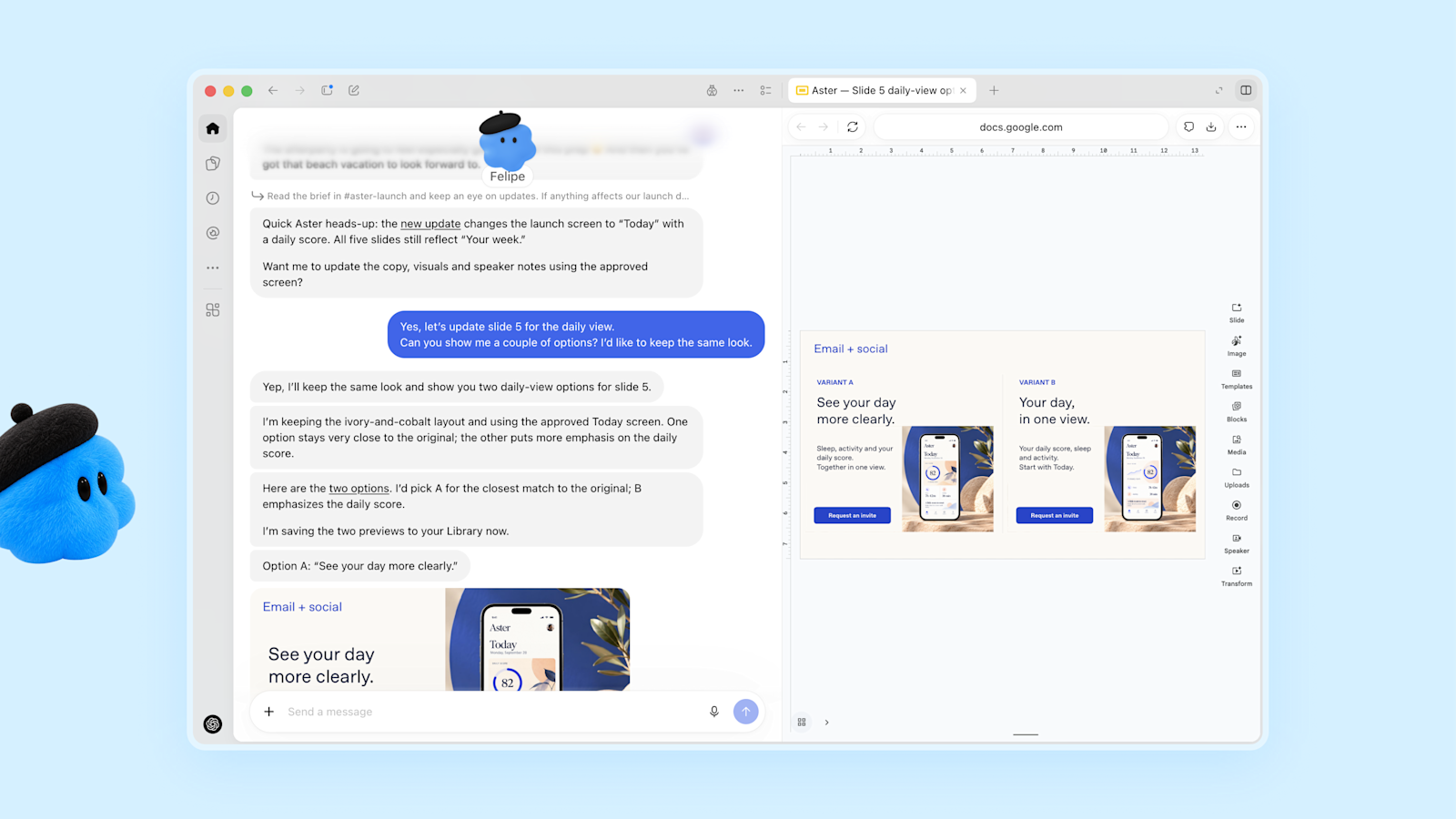 오픈AI 공식 닷 시연 화면: 닷 펠리페가 Slack 브리프를 읽고 슬라이드 수정 옵션 두 개를 자기 브라우저에서 만든 모습